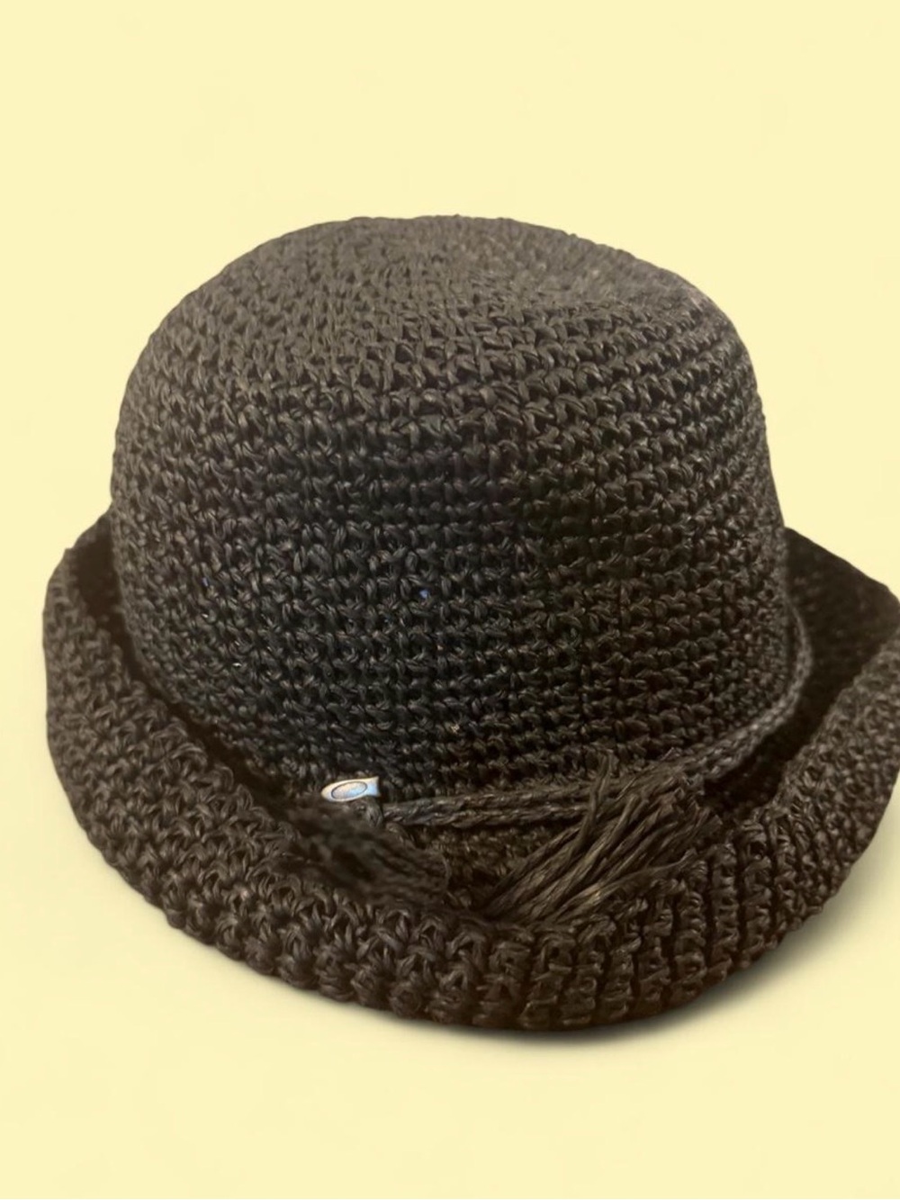 Women's Black Crochet Bucket Hat with Braided Tassel Trim